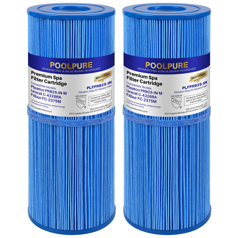 PoolPure PRB25-IN-M spa filter front view emphasizes durable antimicrobial filtration.