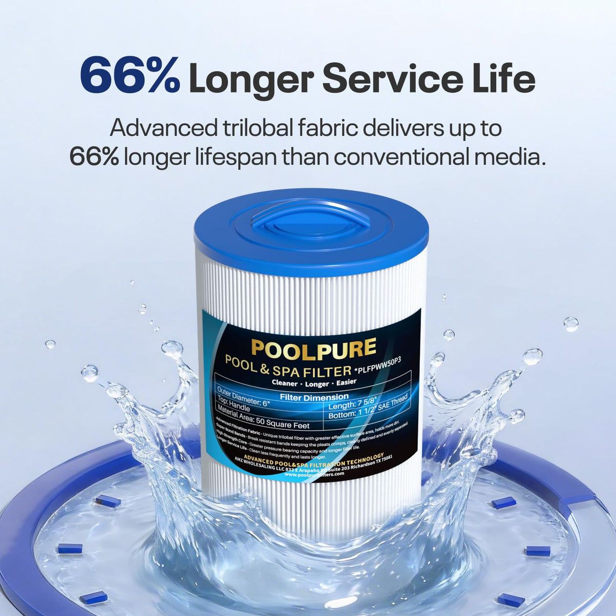 POOLPURE PWW50P3 Trilobal filtration fabric closeup shows high surface area for dirt capture.
