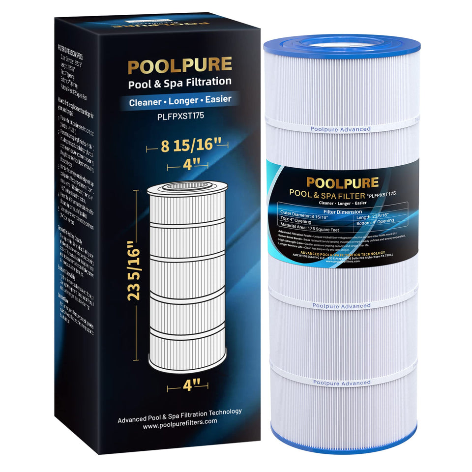 POOLPURE PXST175 filter packaging label shows certification and easy setup.