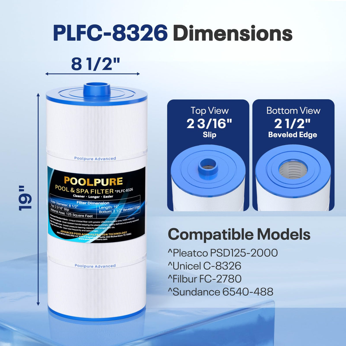 POOLPURE spa filter with 125 sq ft filtration area for crystal-clear water.