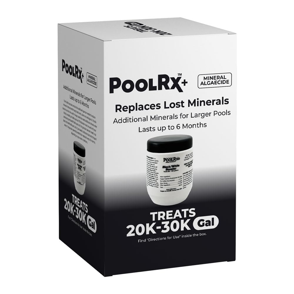 PoolRX Booster Black bottle front view highlighting the mineral formula for algae control.