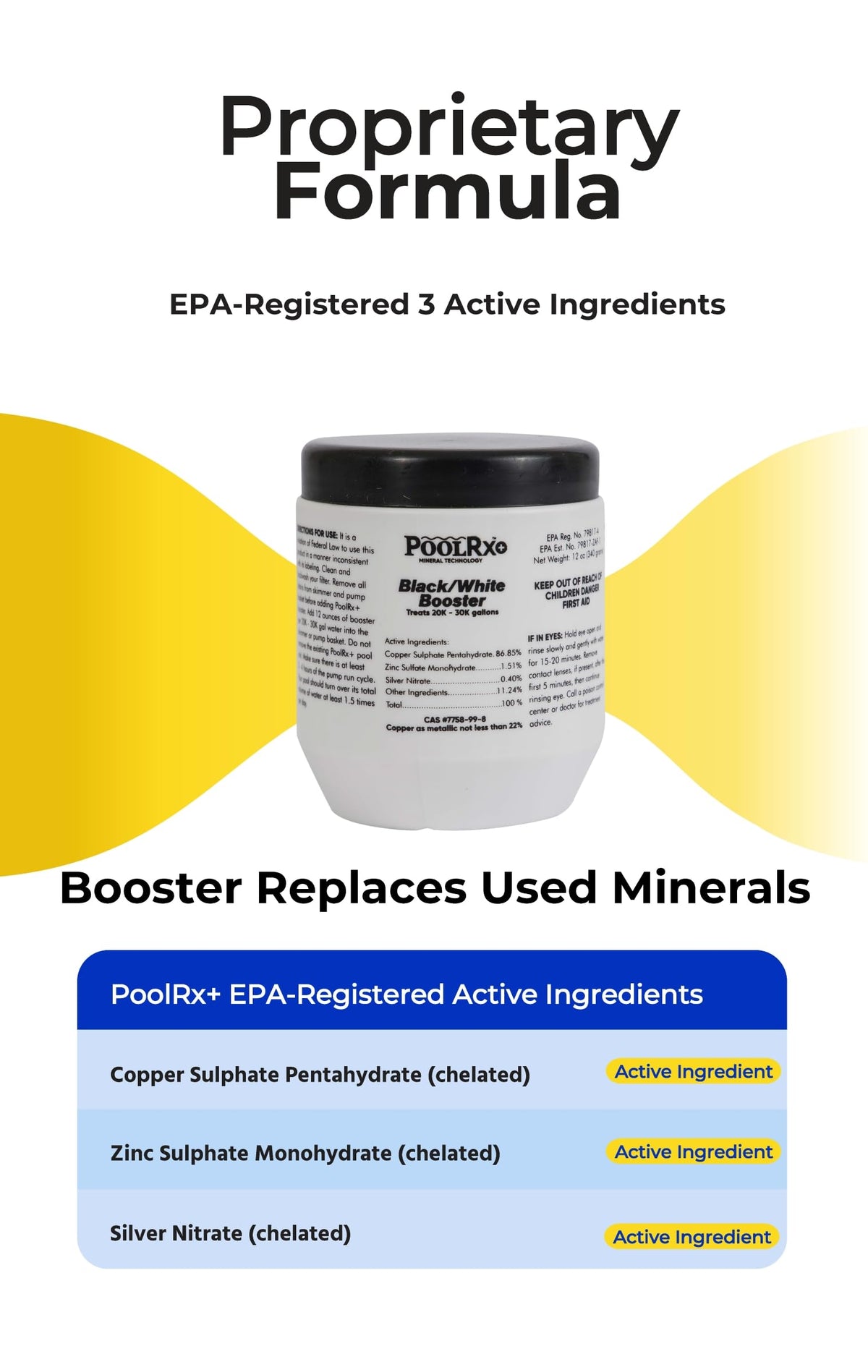 PoolRX Booster Black bottle label close-up shows updated formula and certifications.