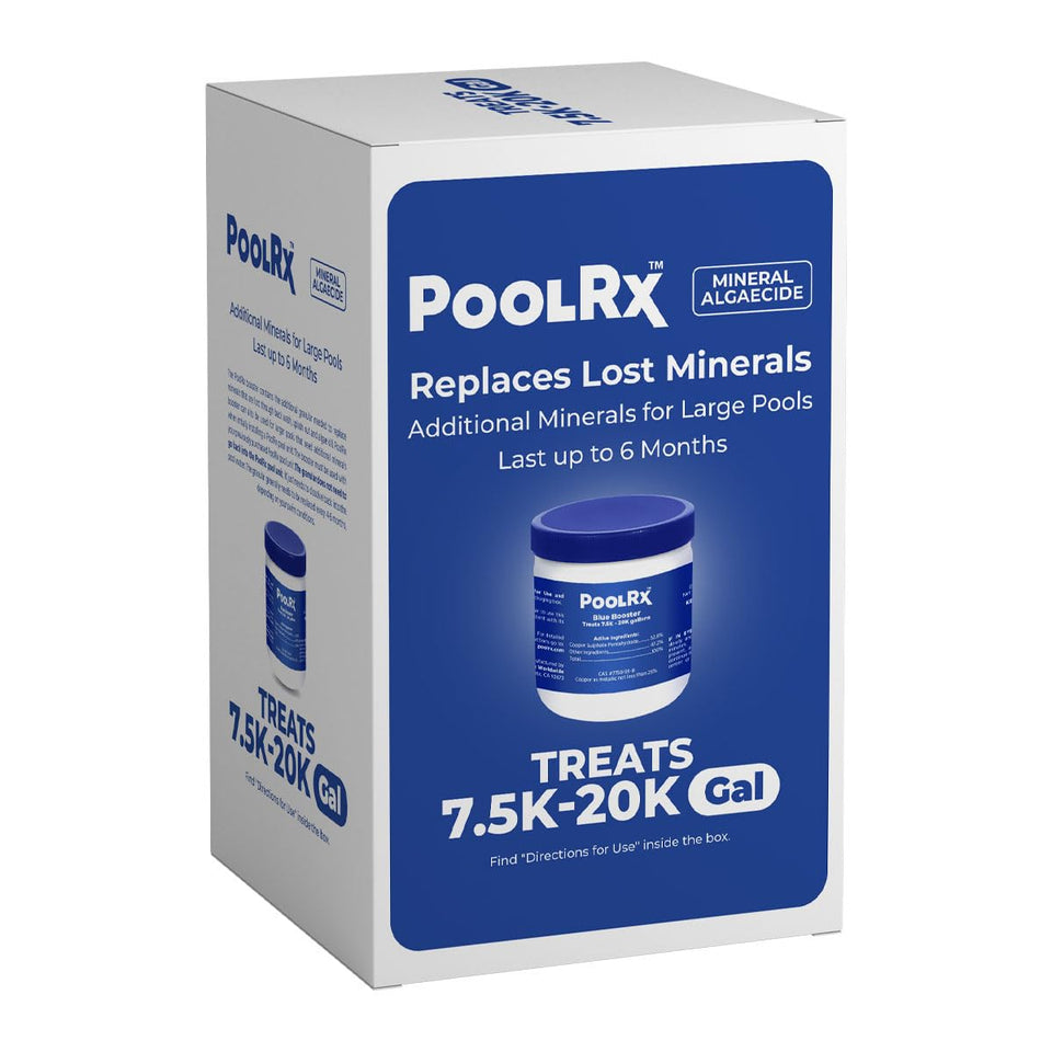 PoolRx bottle with blue label ready for mineral algae control.