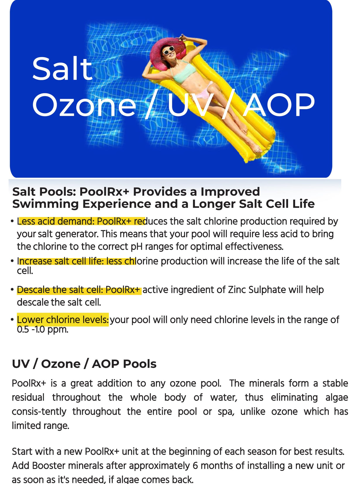 PoolRX bottle with measuring cap highlights simple dosing for busy pool owners.