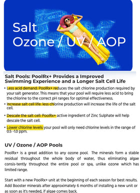 PoolRX bottle with measuring cap highlights simple dosing for busy pool owners.