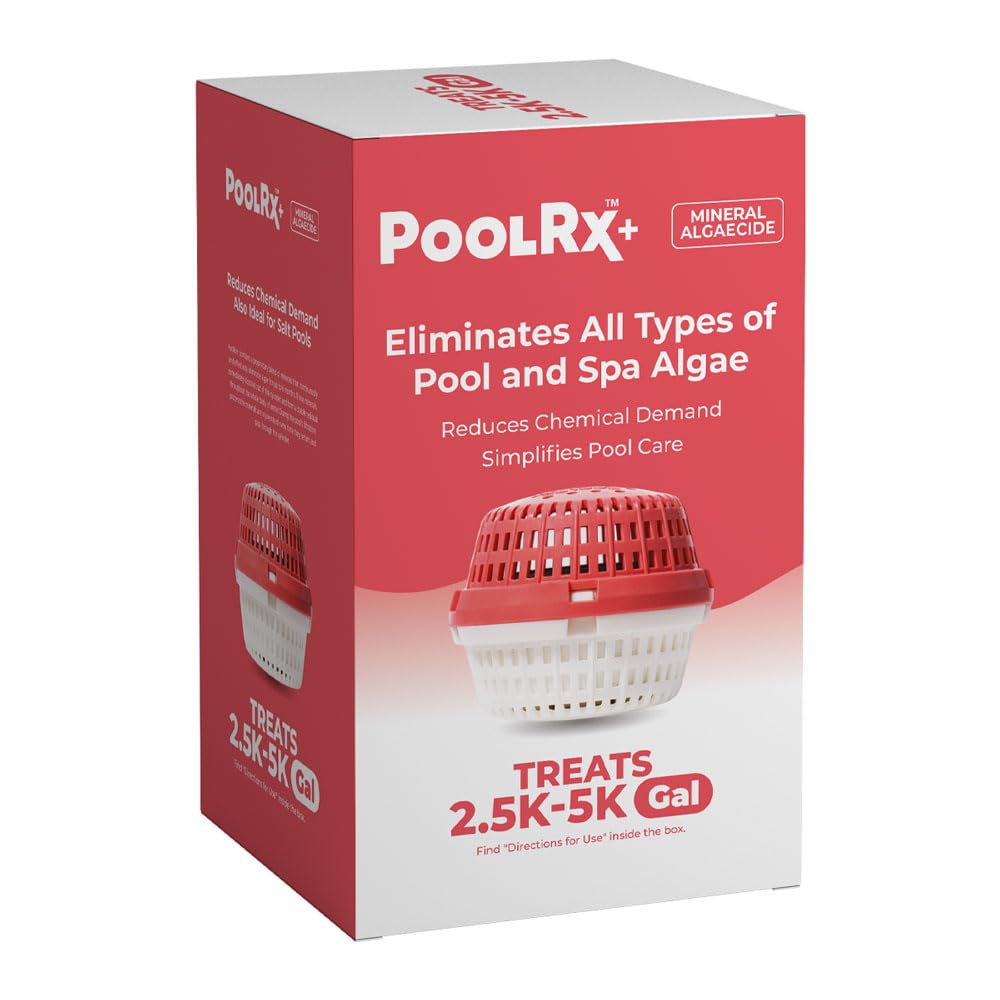 PoolRx+ bottle front view showing mineral algaecide for algae control.