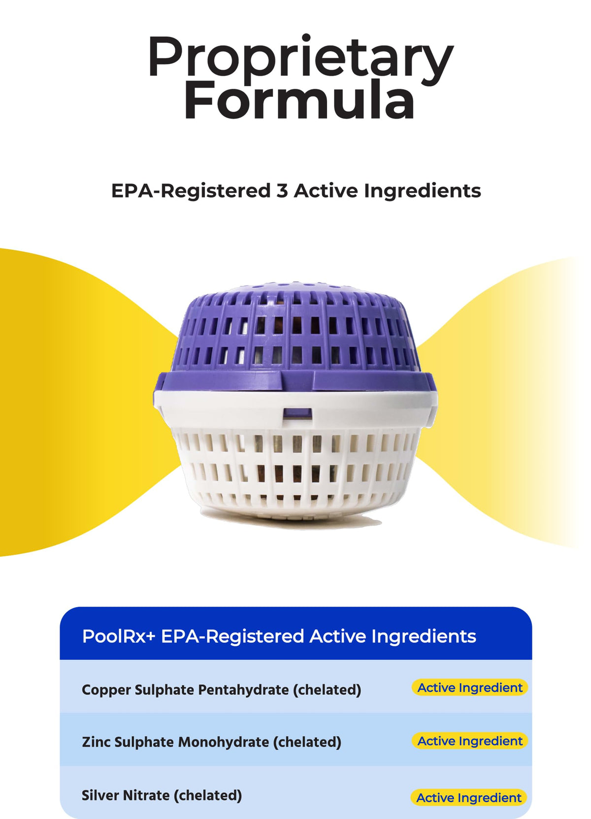 PoolRX+ spa unit packaging showing three active ingredients and usage guidance.