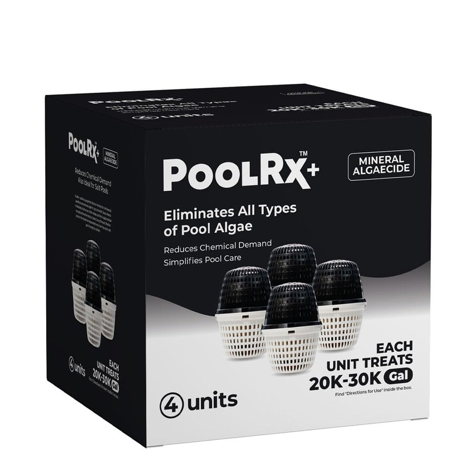 PoolRX four-pack box for 20k–30k gallon pools, supports algae control.
