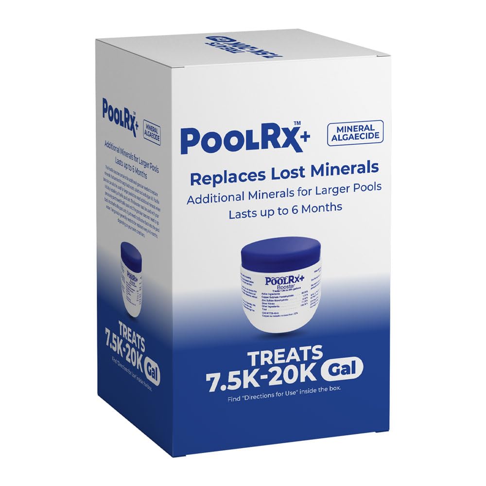 Pool RX+ Booster Blue bottle front label for mineral algae control.