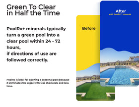 PoolRX booster in pool water scene suggests algae protection and clearer water.