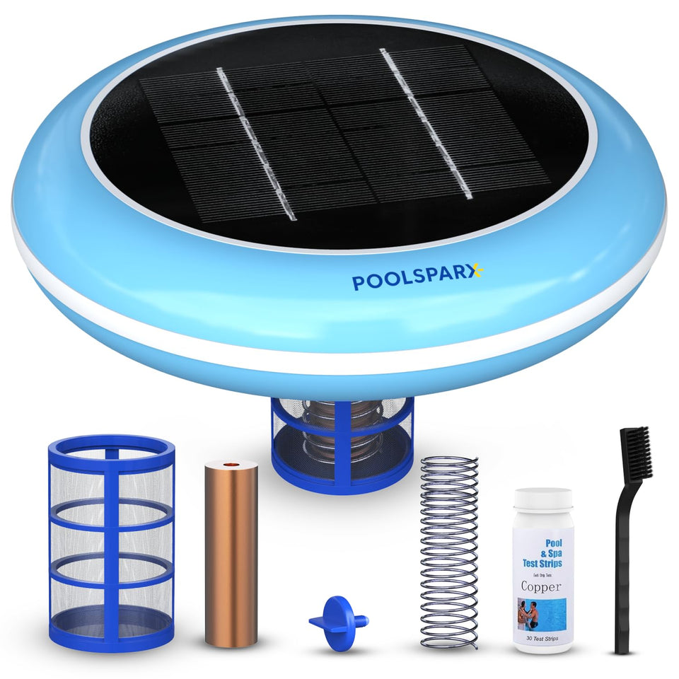 POOLSPARX solar ionizer floating unit on pool water for easier maintenance.