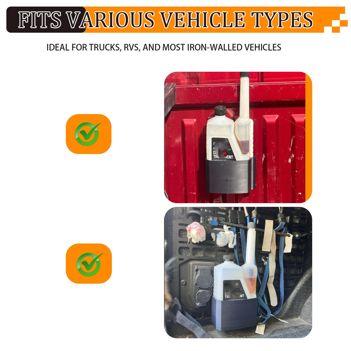 PoolTechX universal organizer keeps diesel additives tidy in trucks.
