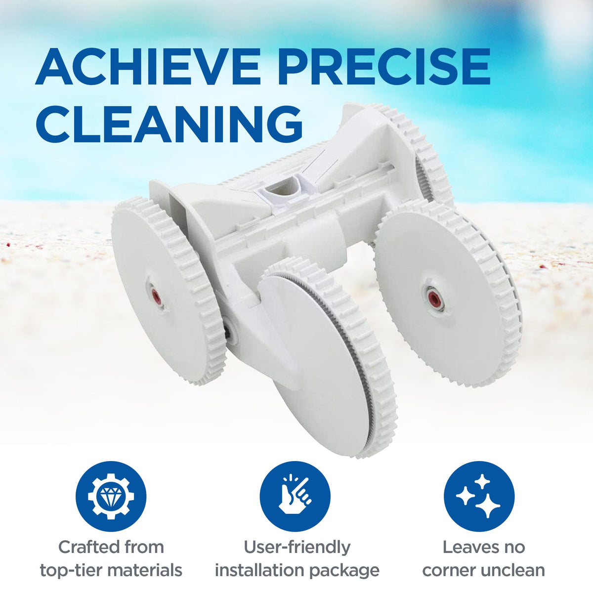 Poolvergnuegen 4-wheel suction system delivers thorough coverage for every pool corner.