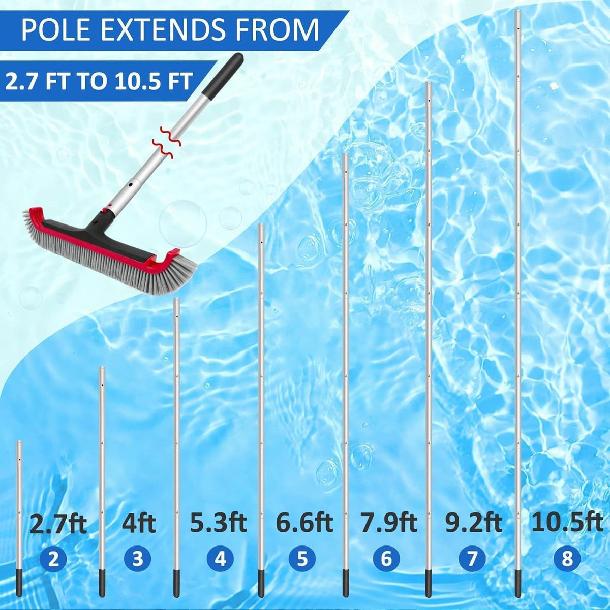 Poolvio 10ft adjustable aluminum pole extends reach for hard-to-access pool areas.