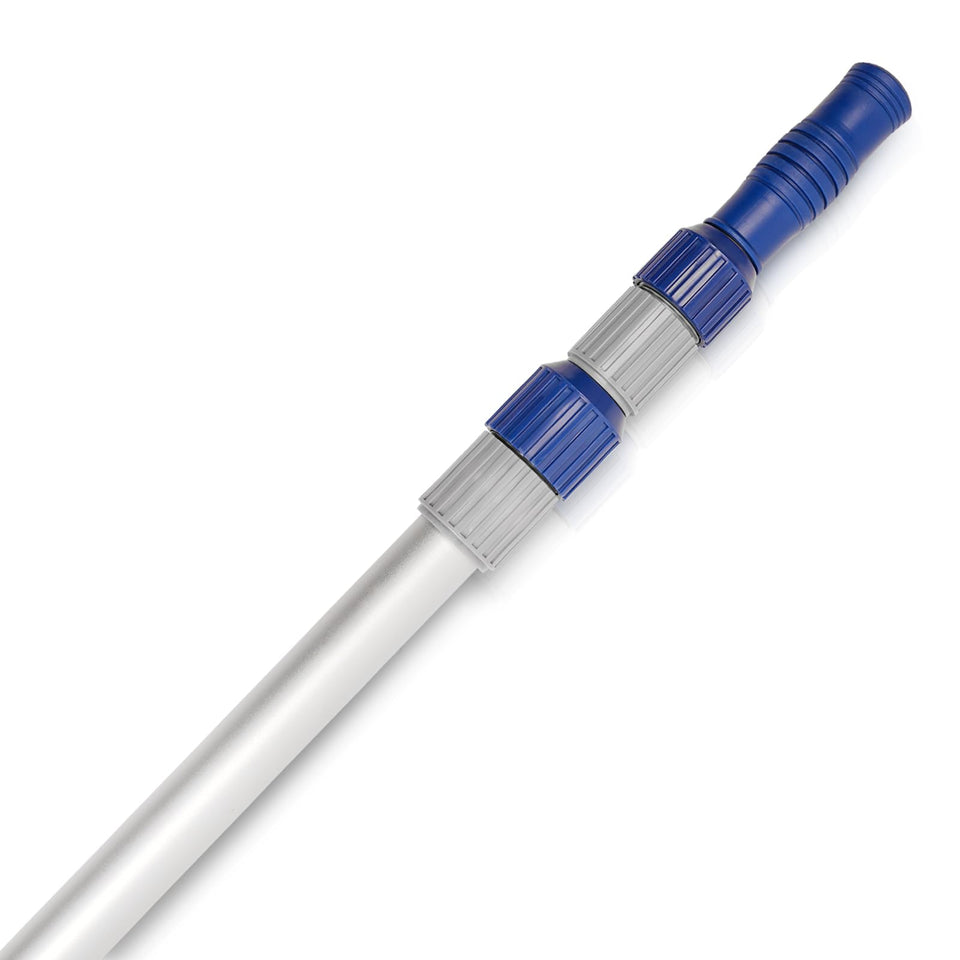 Poolvio 12ft telescopic pool pole extends reach for skimmers and vacuum heads.