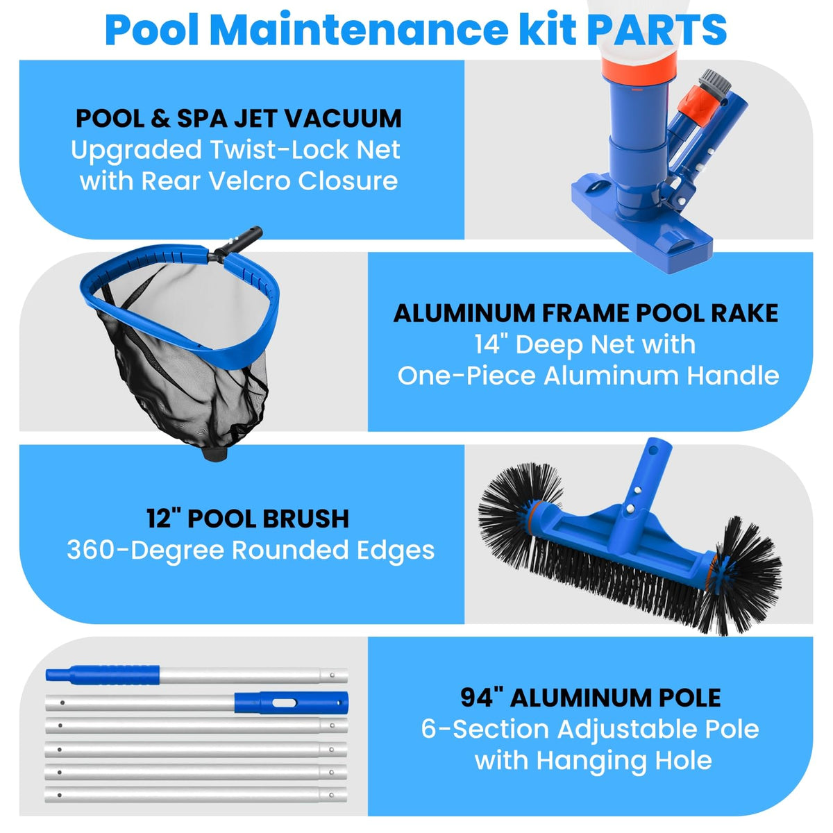 Poolvio 8-Foot Aluminum Pole extends reach for walls and floor cleaning.