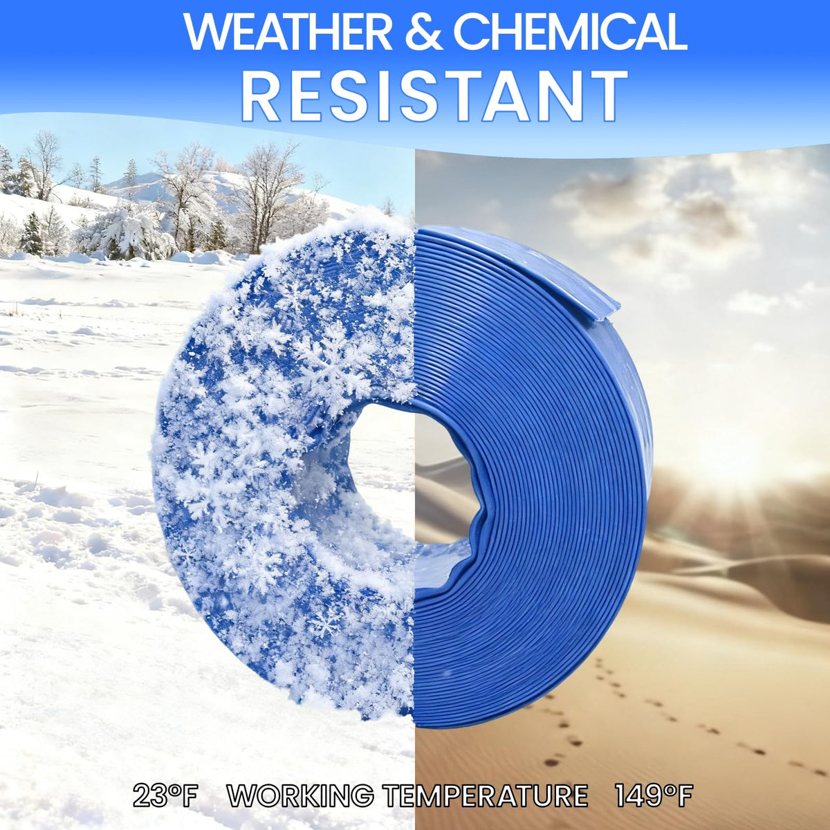 Poolvio all-season chemical-resistant hose suitable for chlorine-rich environments.