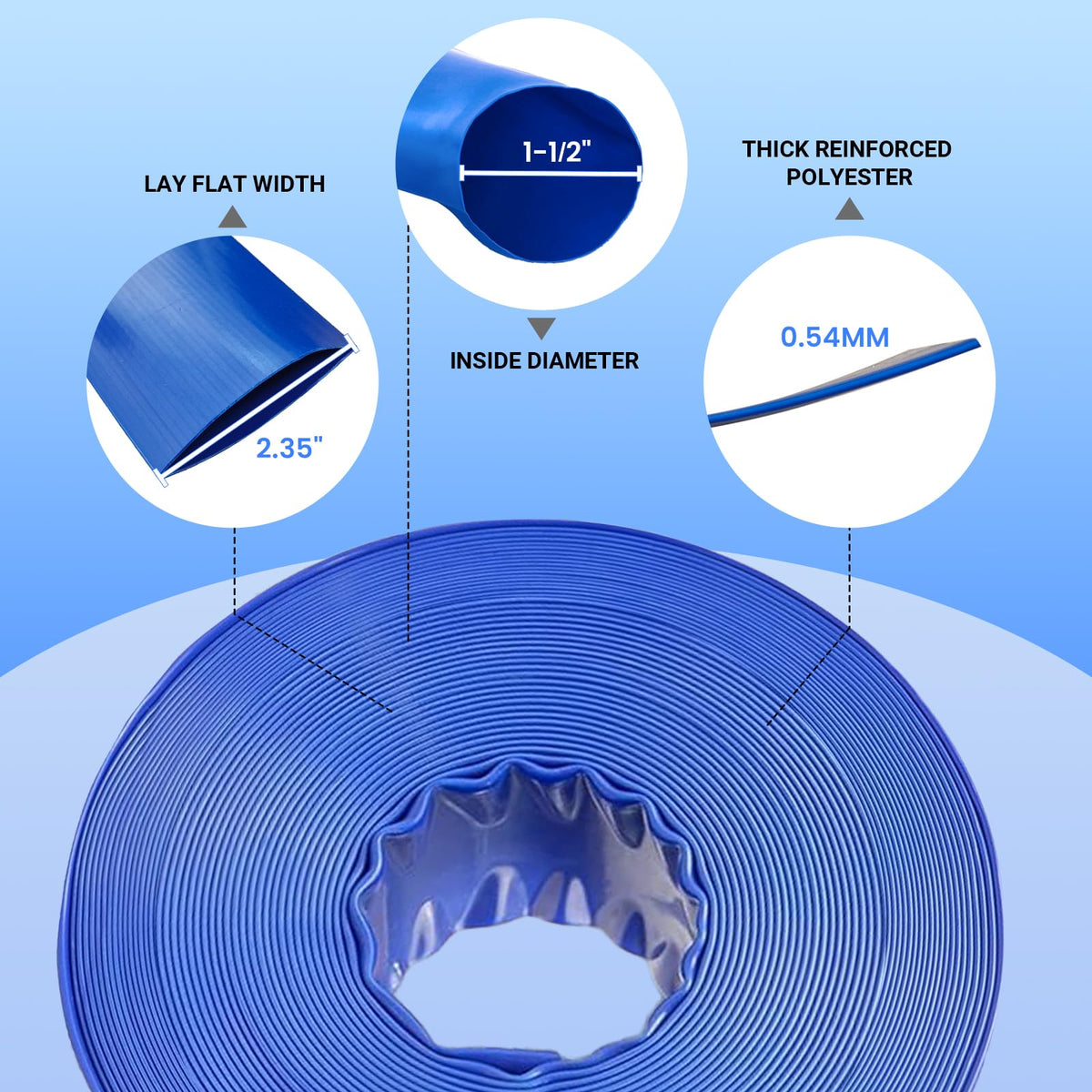 Poolvio backwash hose shows leak-proof construction and flexible lay-flat design.