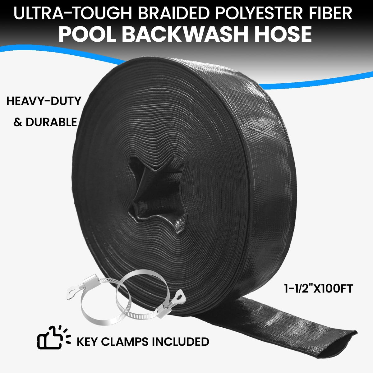 Poolvio backwash hose with stainless steel clamps for secure connections.
