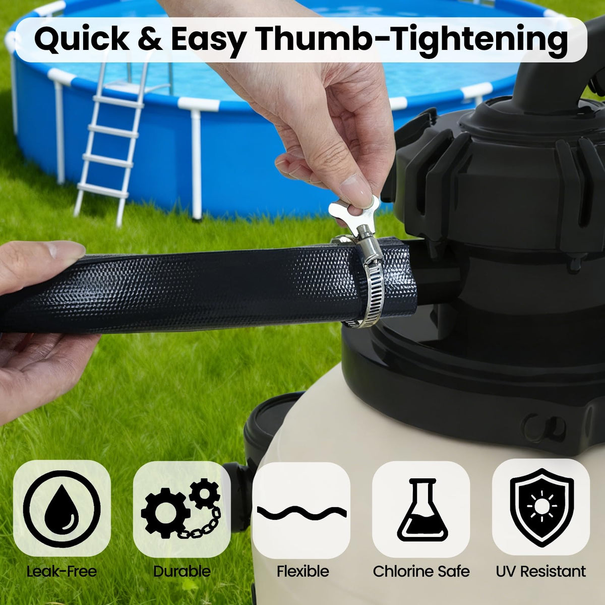 Poolvio hose resists weather, chemicals, and UV for outdoor use.