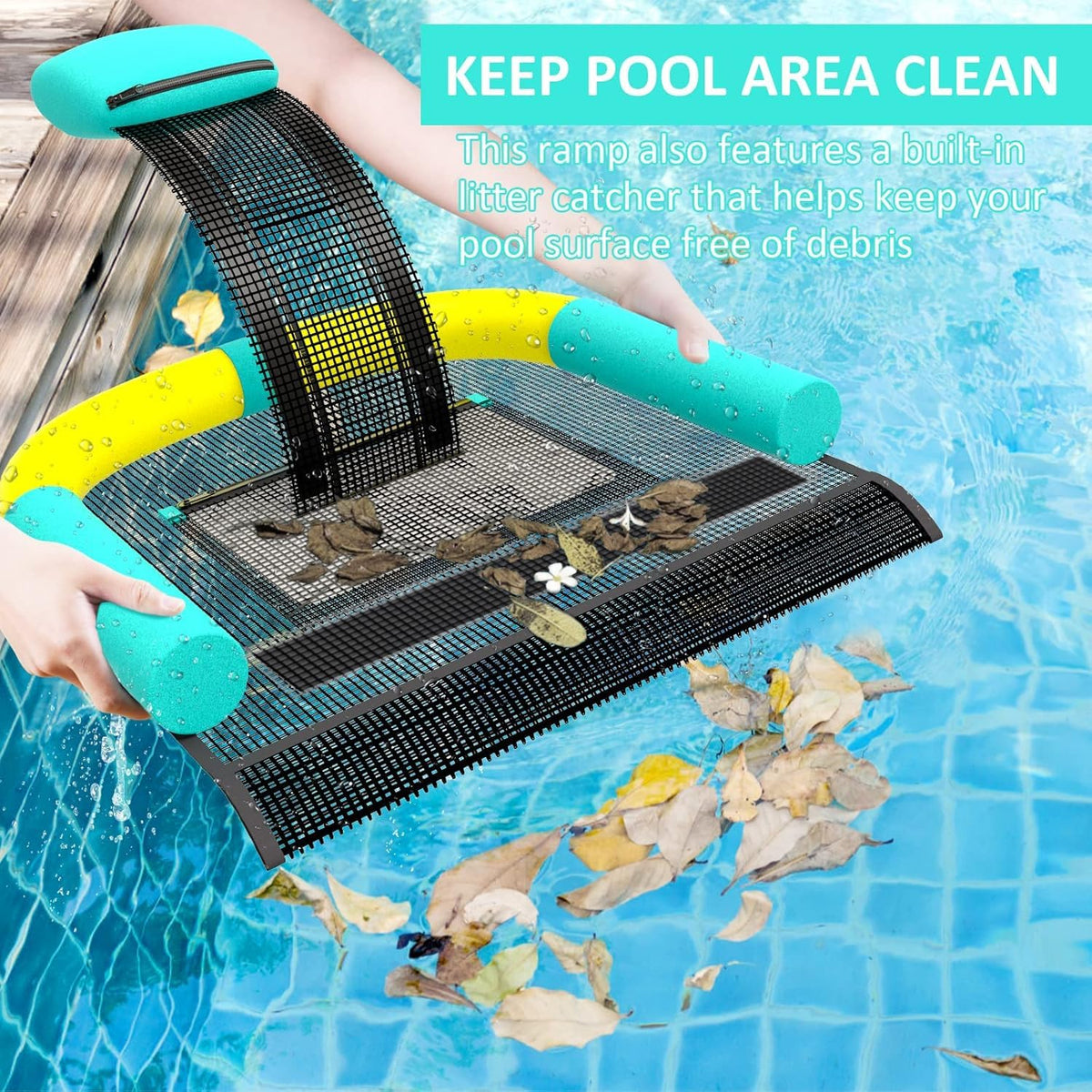 Poolvio built-in debris net catches leaves and debris on the surface