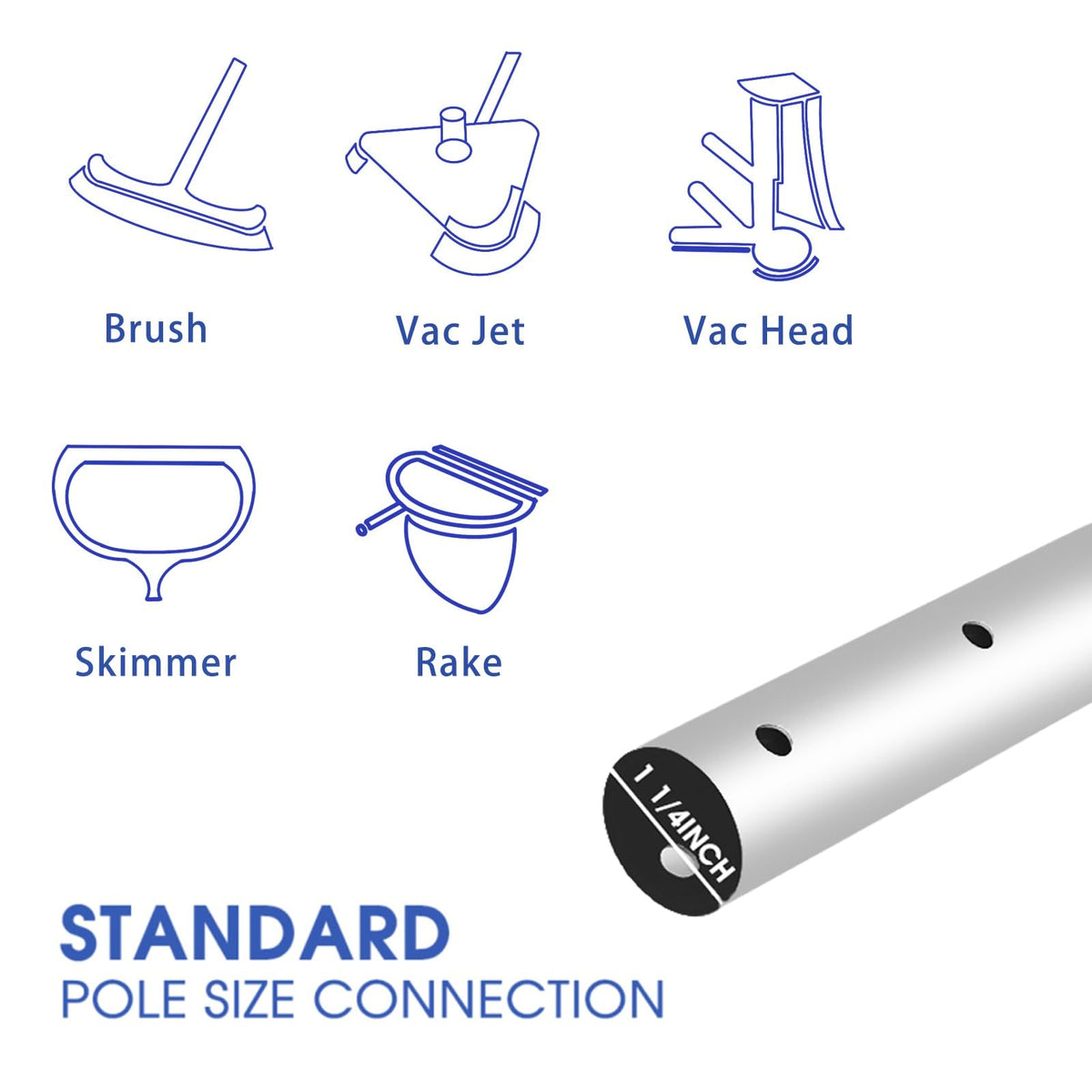 Poolvio compatible with nets, skimmers, brushes, and vac heads for easy setup.