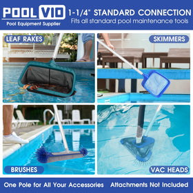 Poolvio easy-to-use pole reduces reach strain during routine cleaning.