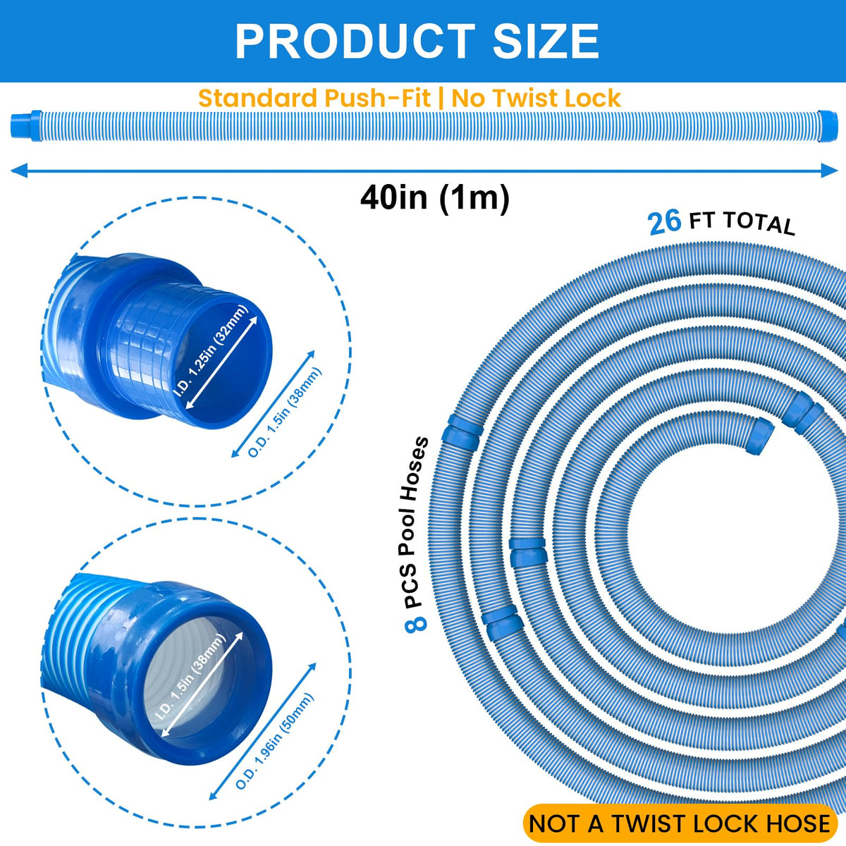 Poolvio hose with universal one-and-half-inch cuffs connects to most cleaners