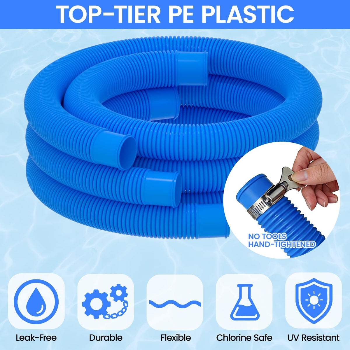 Poolvio six metal thumb clamps highlight tool-free, secure connections.