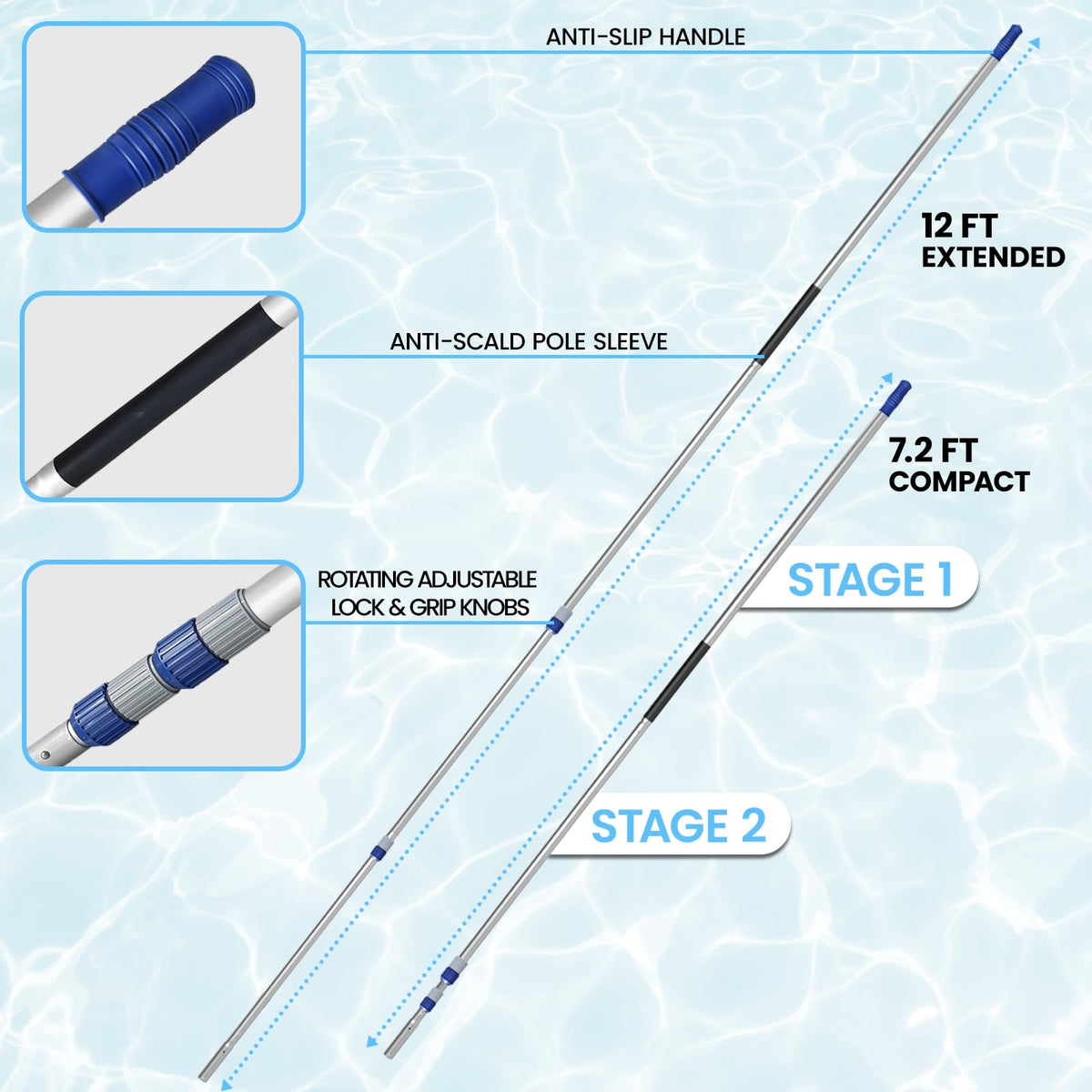 Poolvio two-piece pool pole with locking grip stays secure during cleaning.