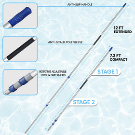 Poolvio two-piece pool pole with locking grip stays secure during cleaning.