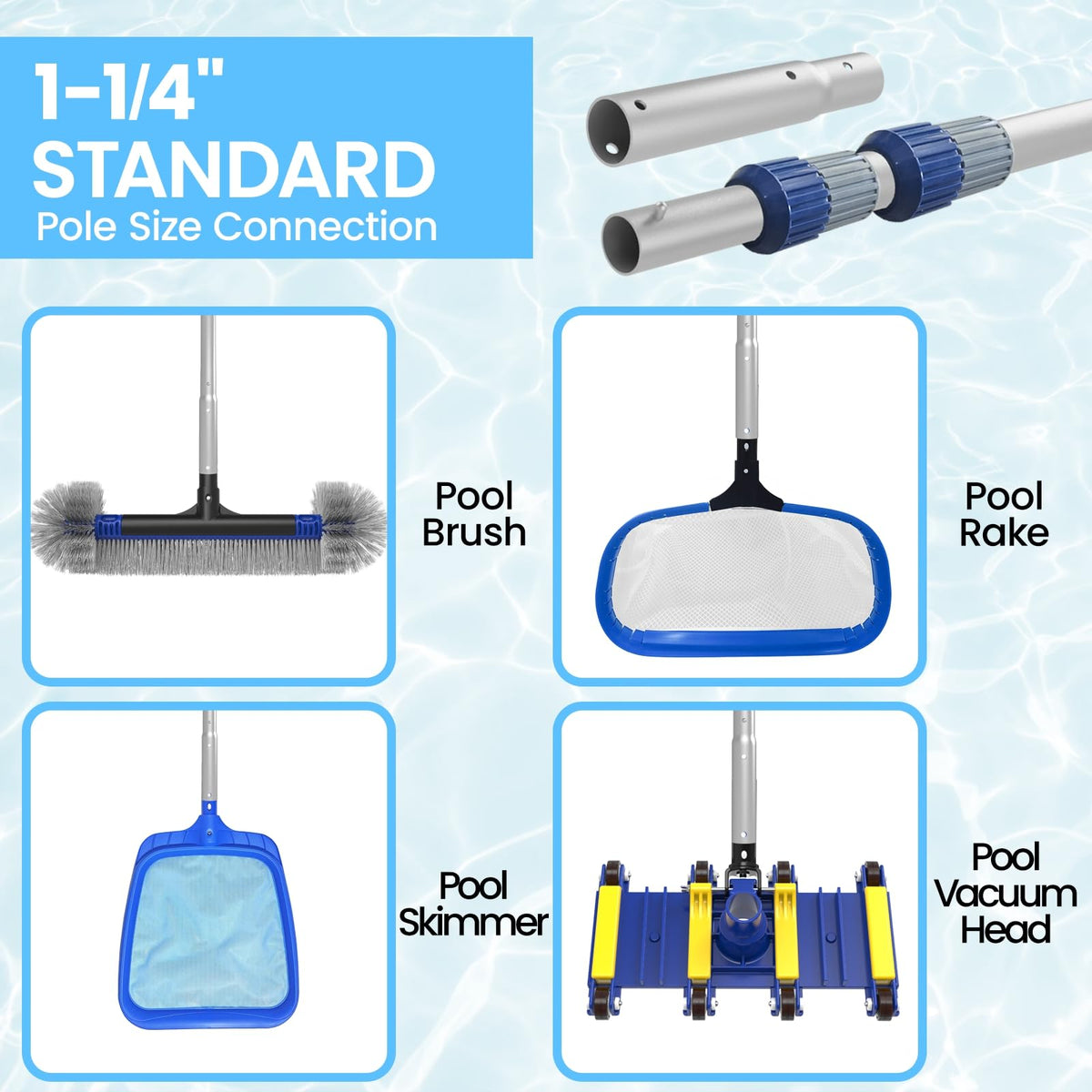 Poolvio universal threaded tips enable quick tool conversions for cleaning chores.