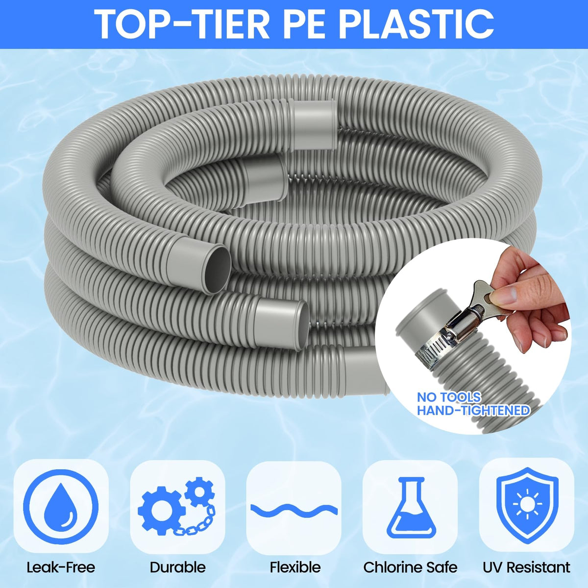 Poolvio UV-resistant hose resists sun and chemicals.