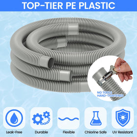 Poolvio UV-resistant hose resists sun and chemicals.