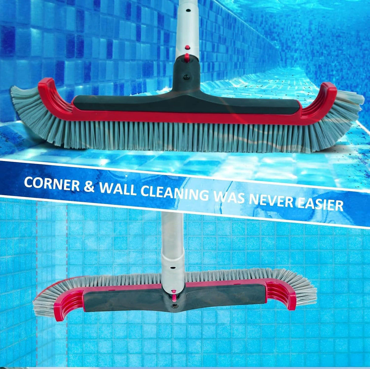 Poolvio wide brush head with 45-degree angle eases pushing and reach.