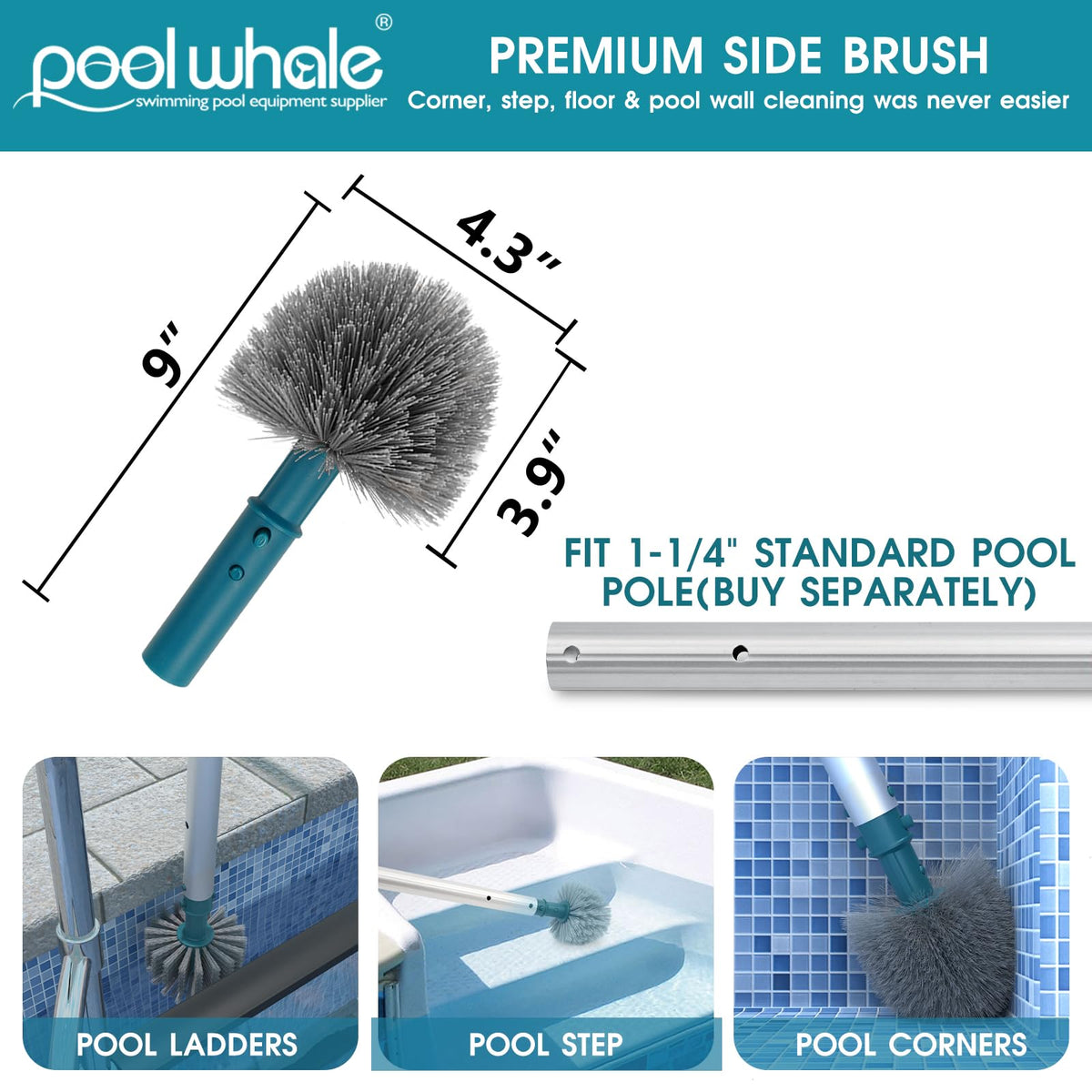 PoolWhale 9-inch pool corner brush reaches tight corners.