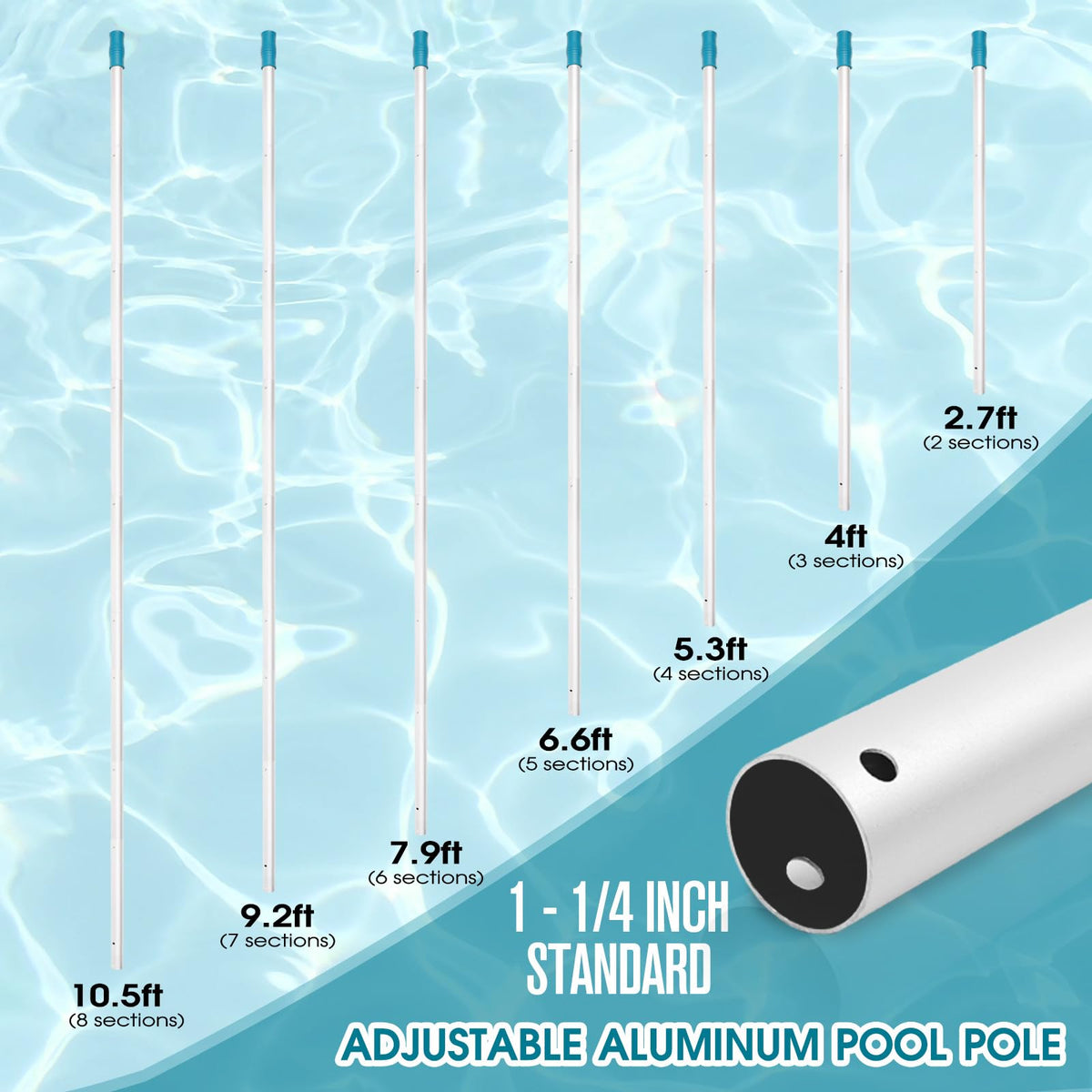 POOLWHALE adjustable pole extended from 2.7 to 10.5 feet for reach