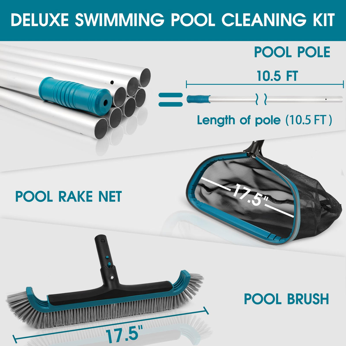 POOLWHALE brush head shows a 17.5-inch wide surface for thorough debris removal