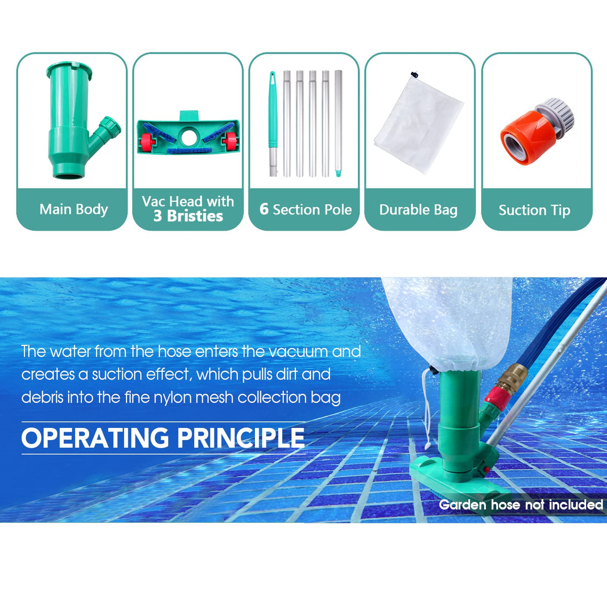 POOLWHALE connects to standard garden hose for suction