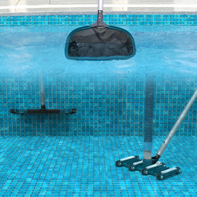 POOLWHALE kit box includes brush, net, pole and vac head for pool upkeep