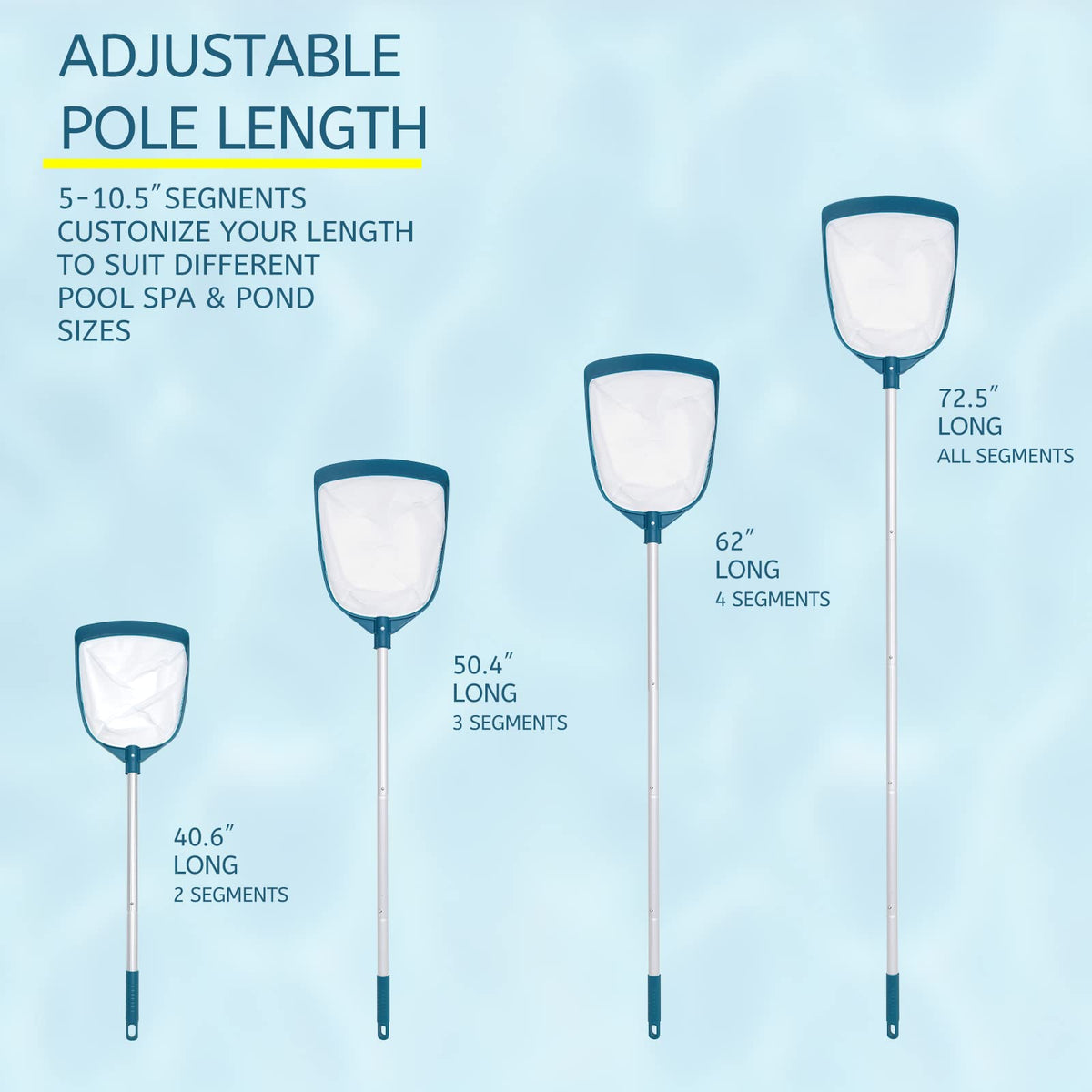 POOLWHALE extended pole reach for hard-to-reach pool corners.