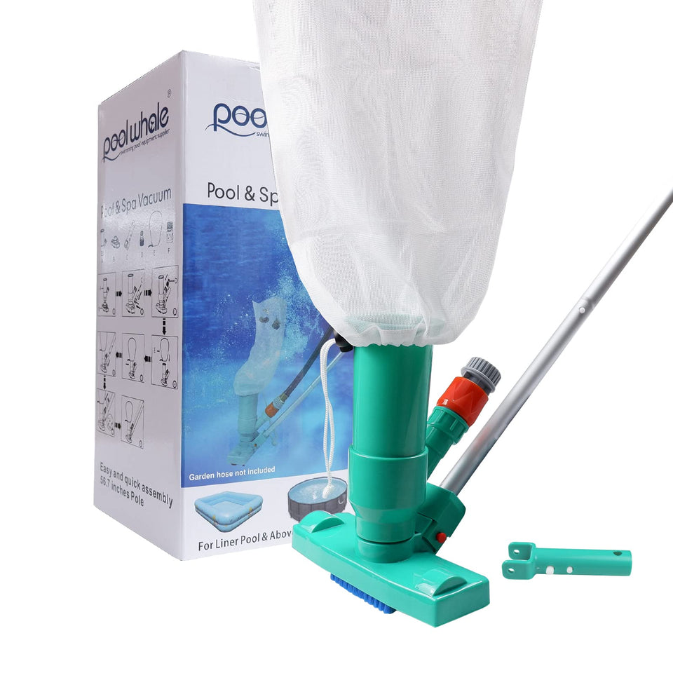 Poolwhale mini jet vacuum cleaner pole helps quick pool debris removal.