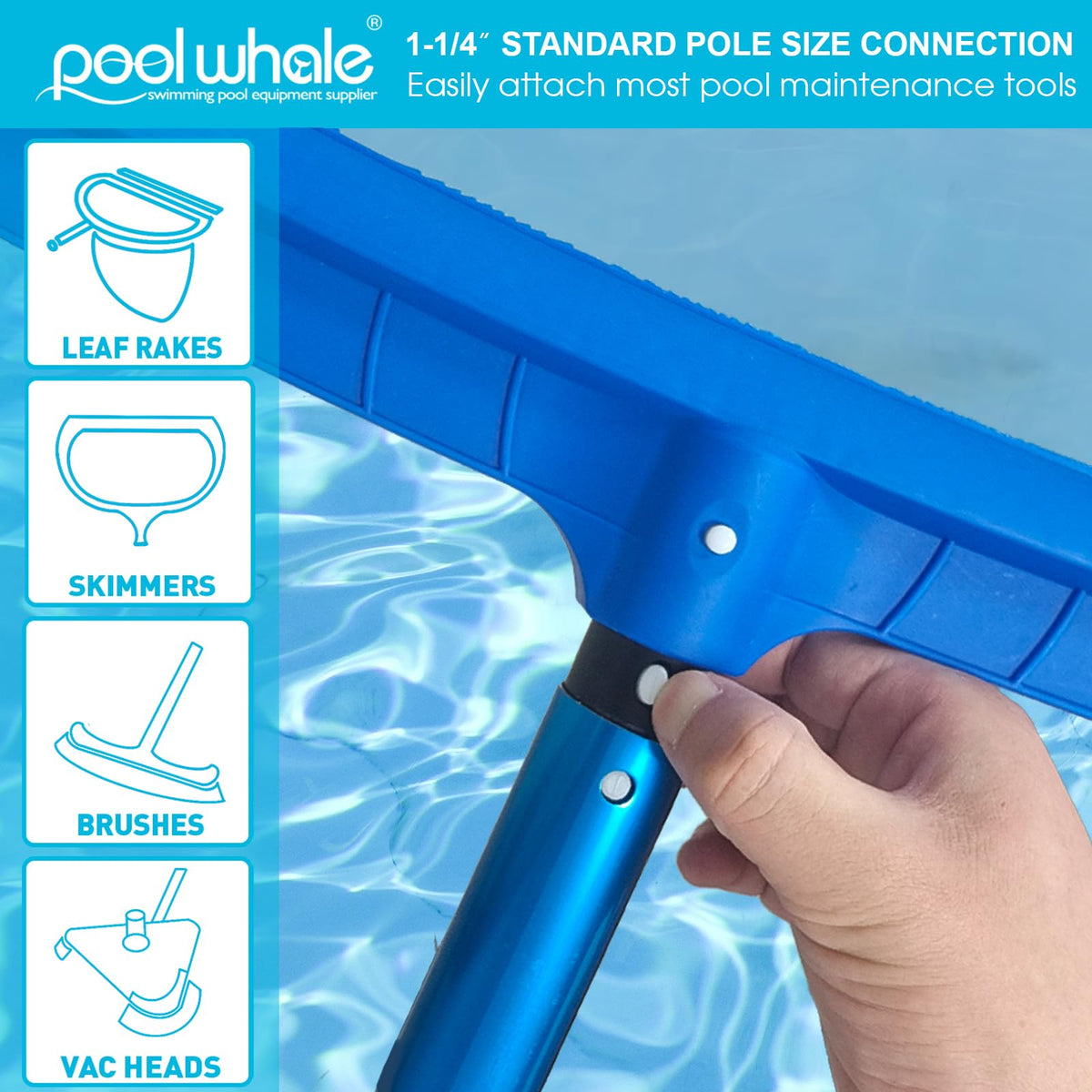 POOLWHALE blue anodized aluminum pole delivers durable, rust-resistant pool cleaning.