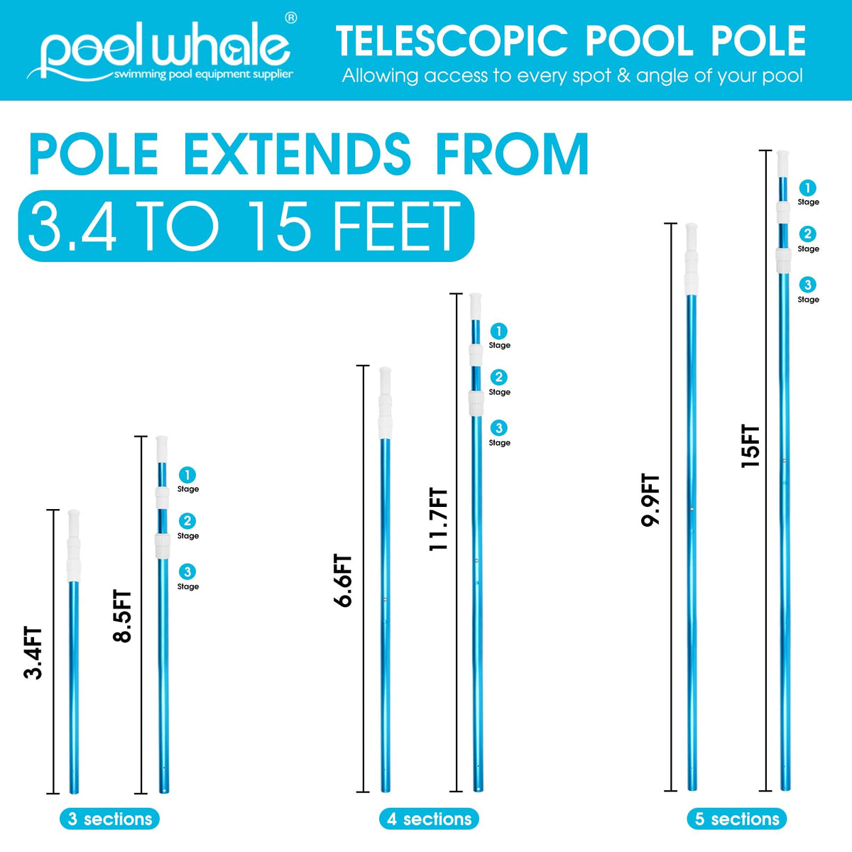 POOLWHALE pole with universal attachment ready for nets, skimmers, brushes, and vacuum heads.