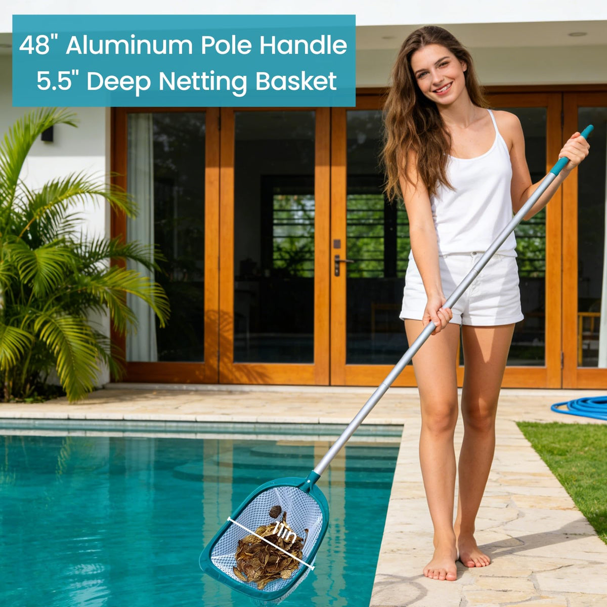 POOLWHALE fine-mesh skimmer net captures tiny debris effectively