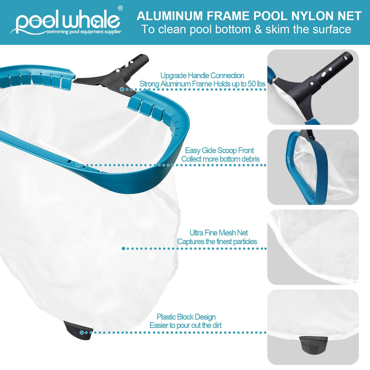 POOLWHALE wide-front lip skimmer cleans pool bottom with ease.