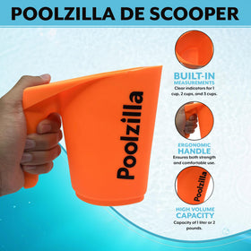 Poolzilla DE scoop in action scooping chemicals from a container.