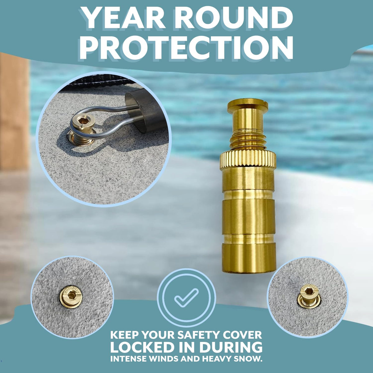 Poolzilla safety cover anchors installed on a pool edge