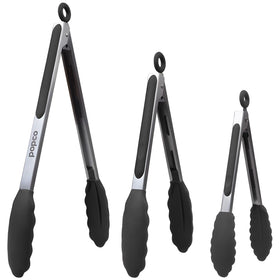 POPCO 7-inch tongs with silicone tips for precise flipping on the stove
