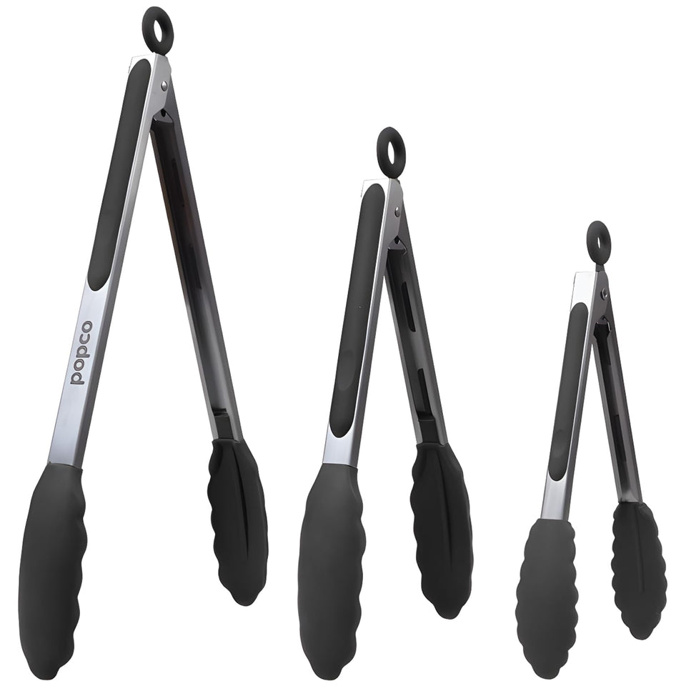 POPCO 7-inch tongs with silicone tips for precise flipping on the stove